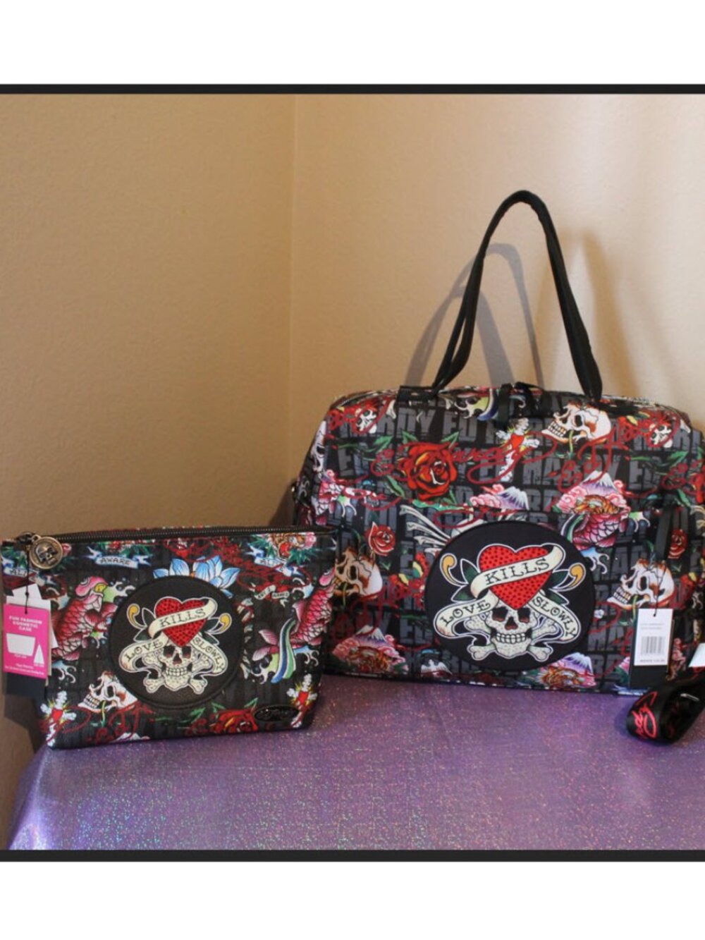 Ed Hardy Love Kills Slowly Duffel Bag Travel Set NWT